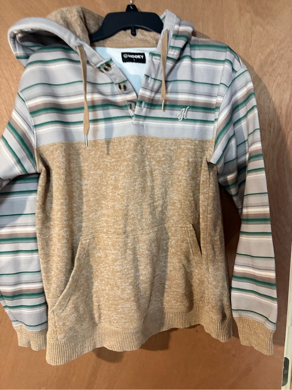 Hooey Tan & Green Striped Hooded Pullover